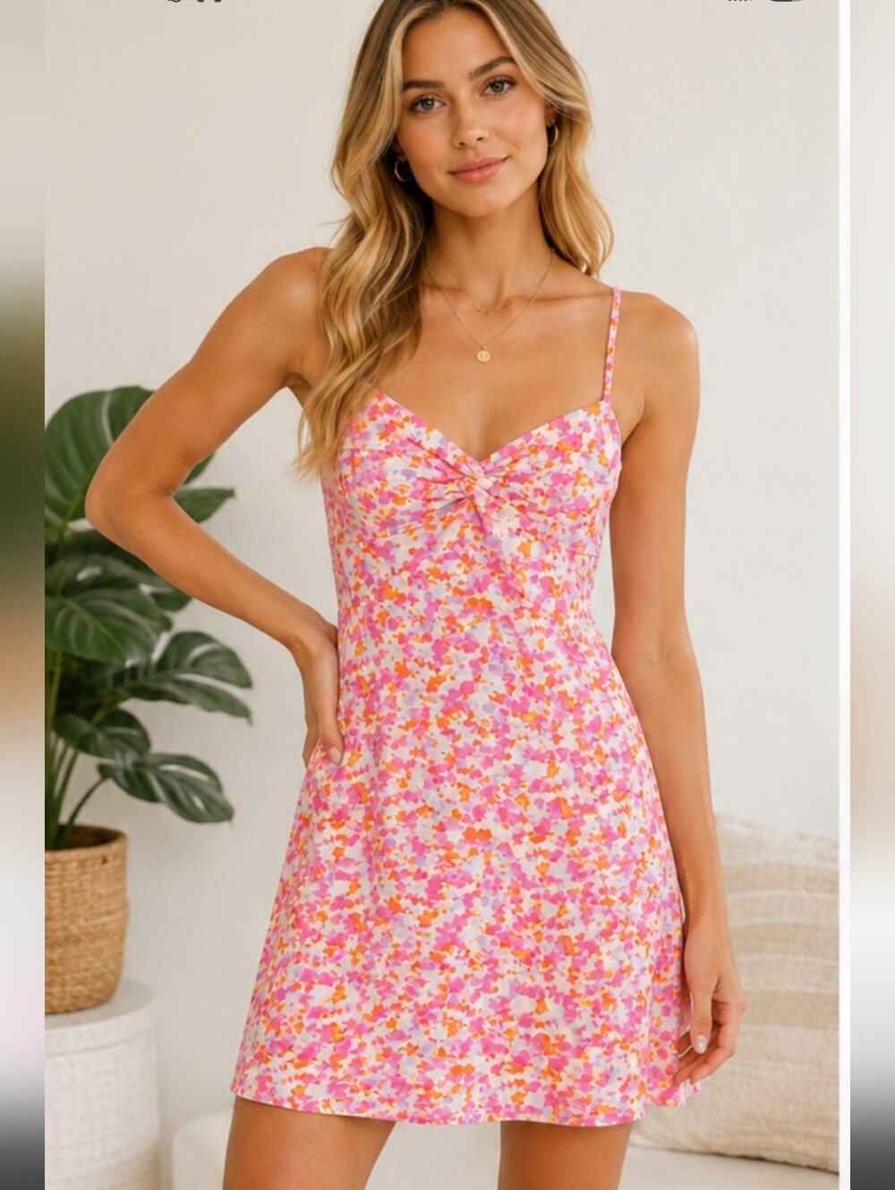Mango Maison Mangostan Floral Twist Front Mini Dress Size 6 Pink Orange